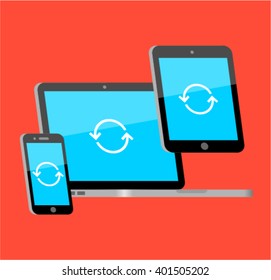 Device Icons: smartphone, laptop and tablet. Sync concept modern style vector illustration