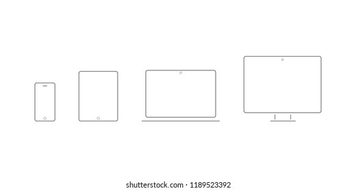 Device Icons: smartphone, tablet, laptop and desktop computer. Thin line. Vector illustration, flat design