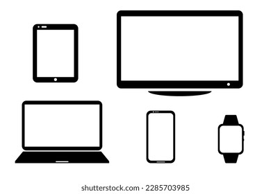 Device icons: smartphone, tablet, laptop, monitor and smart watch. Vector illustration of responsive web design.