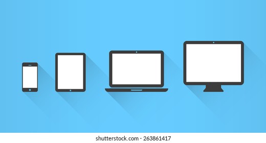 Device Icons: smartphone, tablet, laptop and desktop computer. Flat design