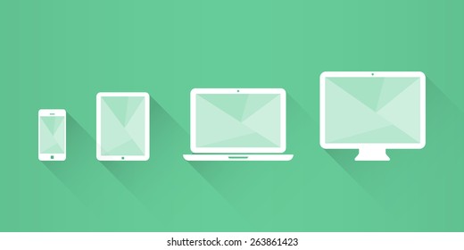 Device Icons: smartphone, tablet, laptop and desktop computer. Flat design