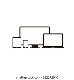 Device Icons: smartphone, tablet, laptop and desktop computer. Flat design