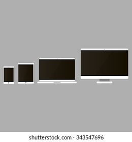 Device Icons: smartphone, tablet, laptop and desktop computer. Flat design