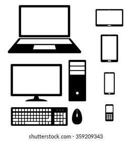 Device Icons: smartphone, tablet,  laptop, desktop computer, phone, keyboard and mouse
