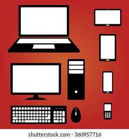 Device Icons, smartphone, tablet,  laptop, desktop computer, phone, keyboard and mouse