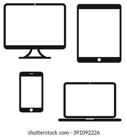 Device Icons: smartphone, tablet, laptop and desktop computer. Flat design