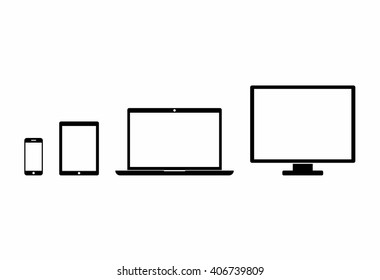 Device Icons: smartphone, tablet, laptop and desktop computer. Black device in flat style isolated on white background. Vector Illustration