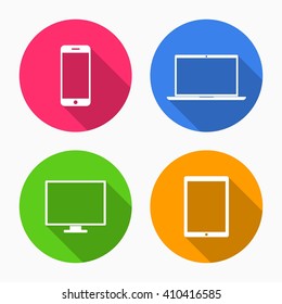 Device Icons: smartphone, tablet, laptop and desktop computer. Colorful device icons in flat style with shadow isolated on white background. Vector Illustration