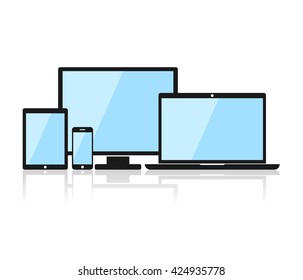 Device Icons: smartphone, tablet, laptop and desktop computer. Black device in flat style isolated on white background. Vector Illustration