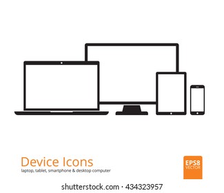 Device icons smartphone, tablet, laptop and desktop computer. Set of flat gadgets  isolated on white background. Modern digital media mockup with blank displays. Responsive design template in EPS8.