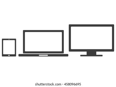 Device Icons: smartphone, tablet, laptop and desktop computer. Flat design