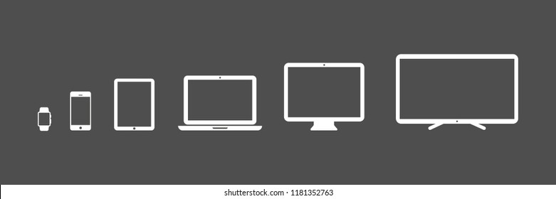 Device Icons: Smartwatch, Smartphone, Tablet, Laptop, Desktop Computer And Tv. Black Background. Vector Illustration, Flat Design