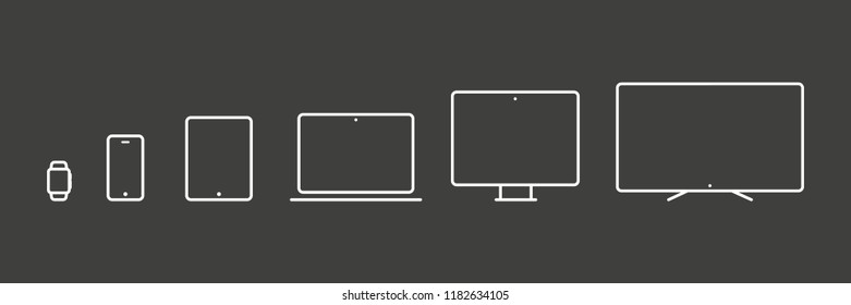 Device Icons: smartwatch, smartphone, tablet, laptop, desktop computer and tv. Black background. Vector illustration, flat design