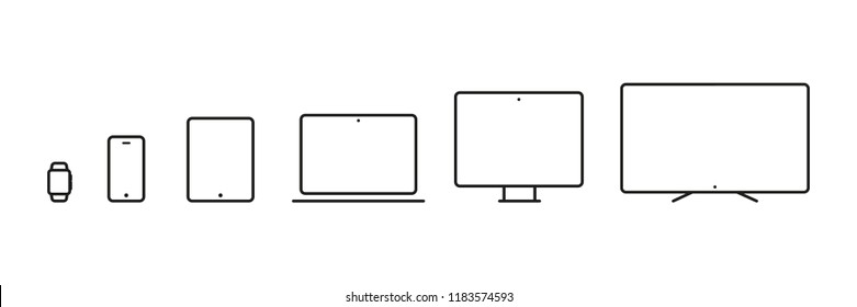 Device Icons: smartwatch, smartphone, tablet, laptop, desktop computer and tv. Vector illustration, flat design