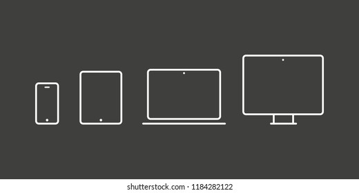 Device Icons: smartwatch, smartphone, tablet, laptop, desktop computer and tv. Black background. Vector illustration, flat design