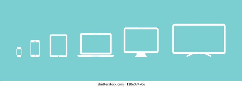 Device Icons: smartwatch, smartphone, tablet, laptop, desktop computer and tv. Turquoise background. Vector illustration, flat design