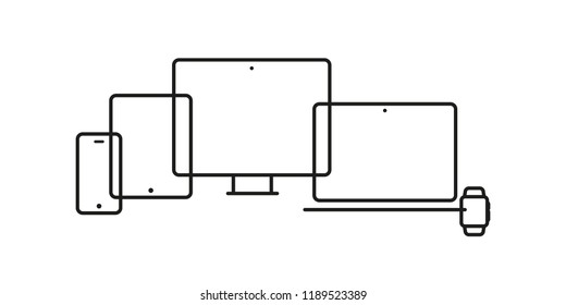 Device Icons: smartwatch, smartphone, tablet, laptop and desktop computer. Vector illustration, flat design