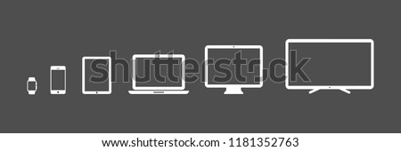 Device Icons: smartwatch, smartphone, tablet, laptop, desktop computer and tv. Black background. Vector illustration, flat design