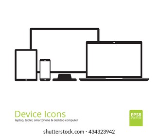 Device Icons  Tablet, Smartphone, Desktop Computer And Laptop. Set Of Flat Gadgets  Isolated On White Background. Modern Digital Media Mockup With Blank Displays. Responsive Design Template In EPS8.