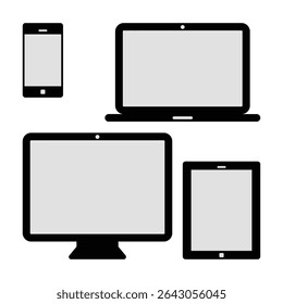 Device Icons Vector. Smartphone, Laptop, Desktop, and Tablet Silhouettes.
