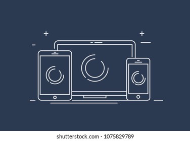 Ilustración del dispositivo: teléfono inteligente, tablet y equipo de escritorio. Iconos vectoriales o traza de línea de diseño web receptivo.