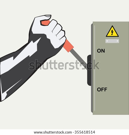 The device for inclusion, shutdowns and switchings of strong electric currents. The hand holds a knife switch