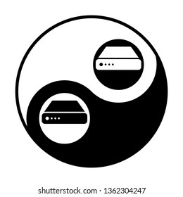 Device with indicator. Vector. Black and white icon inside circles of yin and yang symbol at white background.