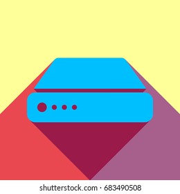 Device with indicator. Vector. Deep sky blue icon with two flat violet and raspberry semitransparent shadows on canary background.