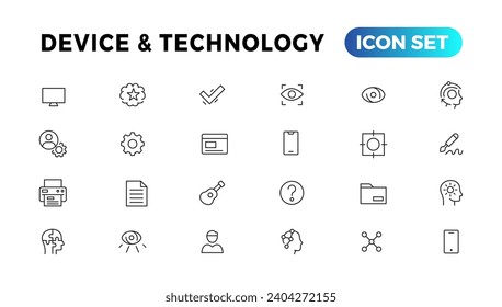 Kollektion von Symbolen für Geräte- und Informationstechnologie. Das große UI-Icon wird in einem flachen Design gesetzt. Paket mit Symbolen für dünne Umrisse