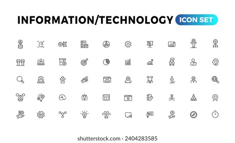 Colección de iconos de línea de tecnología de información y dispositivos. Un gran icono de interfaz de usuario en un diseño plano. Paquete de iconos de contorno delgado