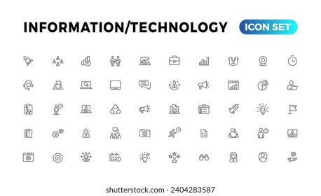 Colección de iconos de línea de tecnología de información y dispositivos. Un gran icono de interfaz de usuario en un diseño plano. Paquete de iconos de contorno delgado