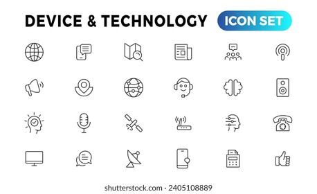 Colección de iconos de línea de tecnología de información y dispositivos. Un gran icono de interfaz de usuario en un diseño plano. Paquete de iconos de contorno delgado