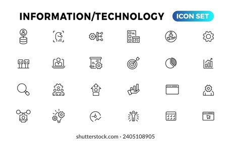 Colección de iconos de línea de tecnología de información y dispositivos. Un gran icono de interfaz de usuario en un diseño plano. Paquete de iconos de contorno delgado