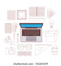 device laptop in color with silhouette elements for graphic design on white background vector illustration