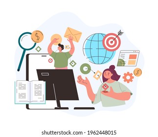 Device laptop computer and smartphone get multi targeting cross-device marketing concept. Vector flat graphic design cartoon midern style illustration