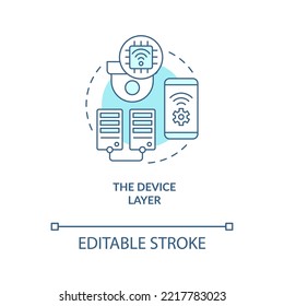 Device layer turquoise concept icon. IoT technology. Wireless connection abstract idea thin line illustration. Isolated outline drawing. Editable stroke. Arial, Myriad Pro-Bold fonts used