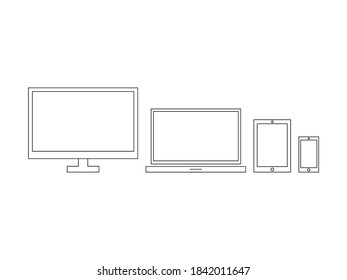 Set für die Gerätelinie Personal Computer, Laptop, Smartphone und Tablet-Vektorgrafik einzeln auf Weiß.