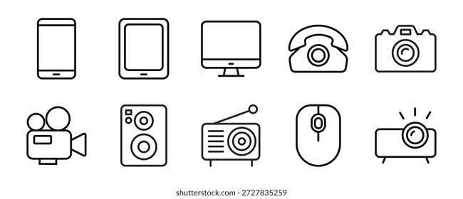 Conjunto de iconos editables de línea de dispositivo. Contiene computadoras, teléfonos inteligentes, altavoces y más. Ilustración vectorial	