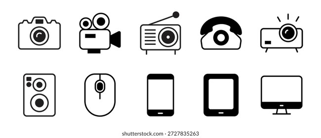 Conjunto de iconos editables de línea de dispositivo. Contiene computadoras, teléfonos inteligentes, altavoces y más. Ilustración vectorial	