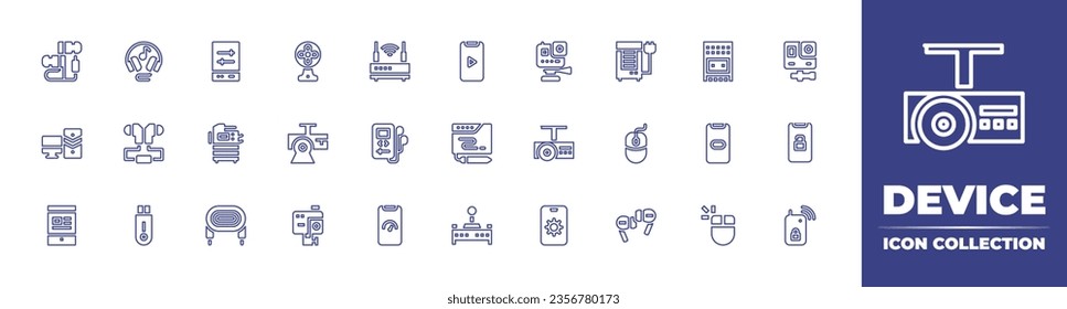 Colección de iconos de línea de dispositivo. Trazo editable. Ilustración vectorial. Con fotocopiadora, cable, ventilador, proyector, cámara de acción, aire acondicionado, seo, ratón, auriculares, router, grabación, leva, mp.