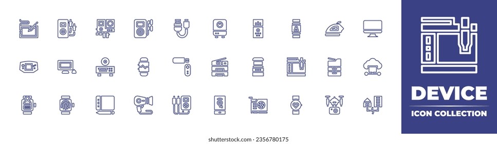 Device line icon collection. Editable stroke. Vector illustration. Containing digital drawing, voltmeter, game console, personal computer, smartwatch, iron, computer, streaming, photocopier, cloud.
