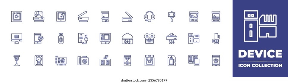 Device line icon collection. Editable stroke. Vector illustration. Containing nfc, game console, computer, smartphone, patio heater, hardware, tablet, open book, ipad, fog, smart farm, stove.