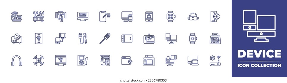 Device line icon collection. Editable stroke. Vector illustration. Containing electronics, diagnose, vr glasses, settings, vascular closure device, smartwatch, vital signs, multiple, responsive, route