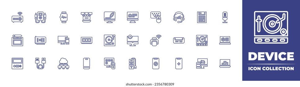 Device line icon collection. Editable stroke. Vector illustration. Containing smartwatch, responsive, devices, local network, ram, smartphone, keyboard and mouse, printer, headset, block, audio, add.