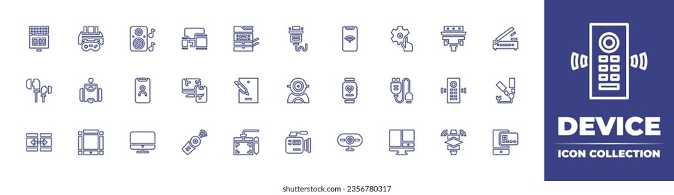 Device line icon collection. Editable stroke. Vector illustration. Containing speaker, user, computer, responsive, electronics, camera remote control, connection, smartwatch, device, webcam, adapter.