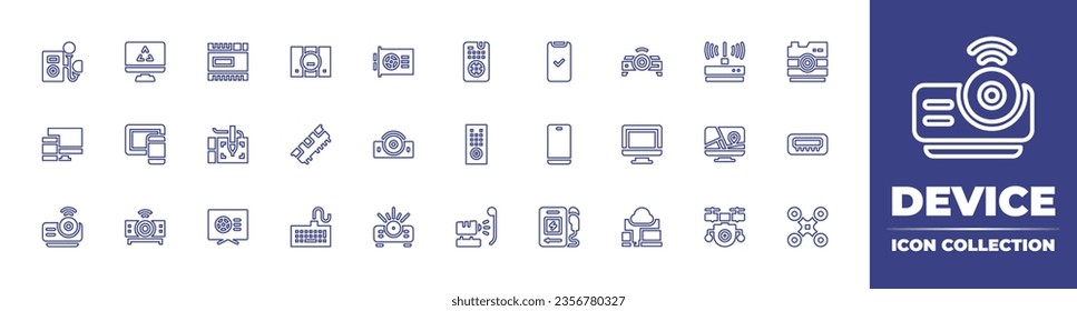 Device line icon collection. Editable stroke. Vector illustration. Containing device, recycle, devices, projector device, control unit, done, mobile phone, projector, music player, computer.