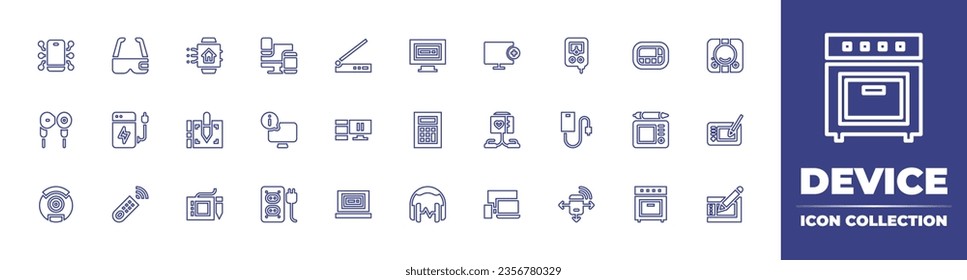 Device line icon collection. Editable stroke. Vector illustration. Containing network, smart tv, socket, add, cardiogram, nitrate tester, devices, device, multiple sensor, scanner, pager, playstation.