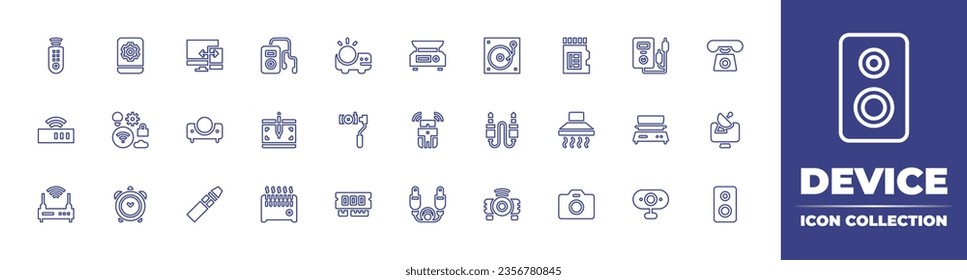 Device line icon collection. Editable stroke. Vector illustration. Containing remote control, smartphone, connection, iot, router, clock, responsive, projector, electronic cigarette, ipod, graphic.
