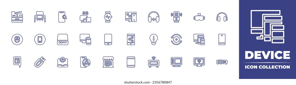 Device line icon collection. Editable stroke. Vector illustration. Containing search, harddisk, laptop, device, responsive, accelerometer sensor, audio, idea bulb, voice assistant, clock, process.
