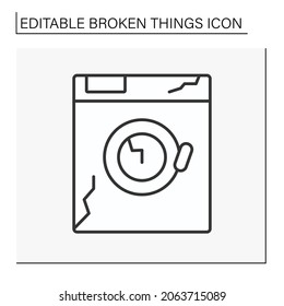 Device Line Icon. Destroyed Electronic Device. Smashed Washing Machine. Vandalism, Chaos. Broken Things Concept. Isolated Vector Illustration. Editable Stroke